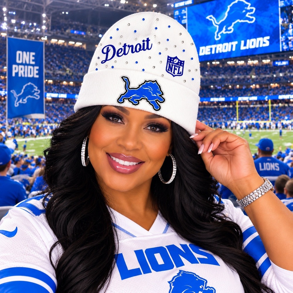 Detroit Lions NFL Rhinestone Beanie White Knit Hat Custom Detroit Script Cuffed